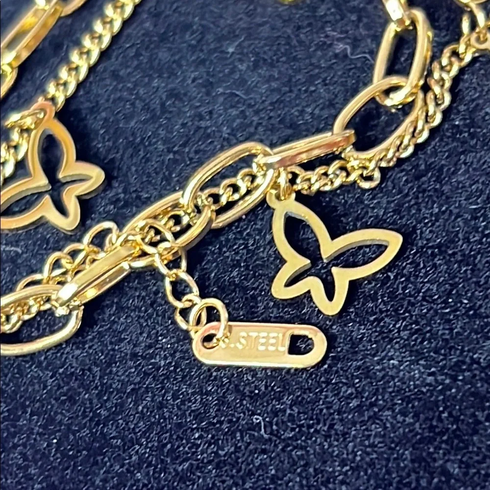 Premium 18K Gold Plated SS Double Chain Link and Butterflies Bracelet $49
